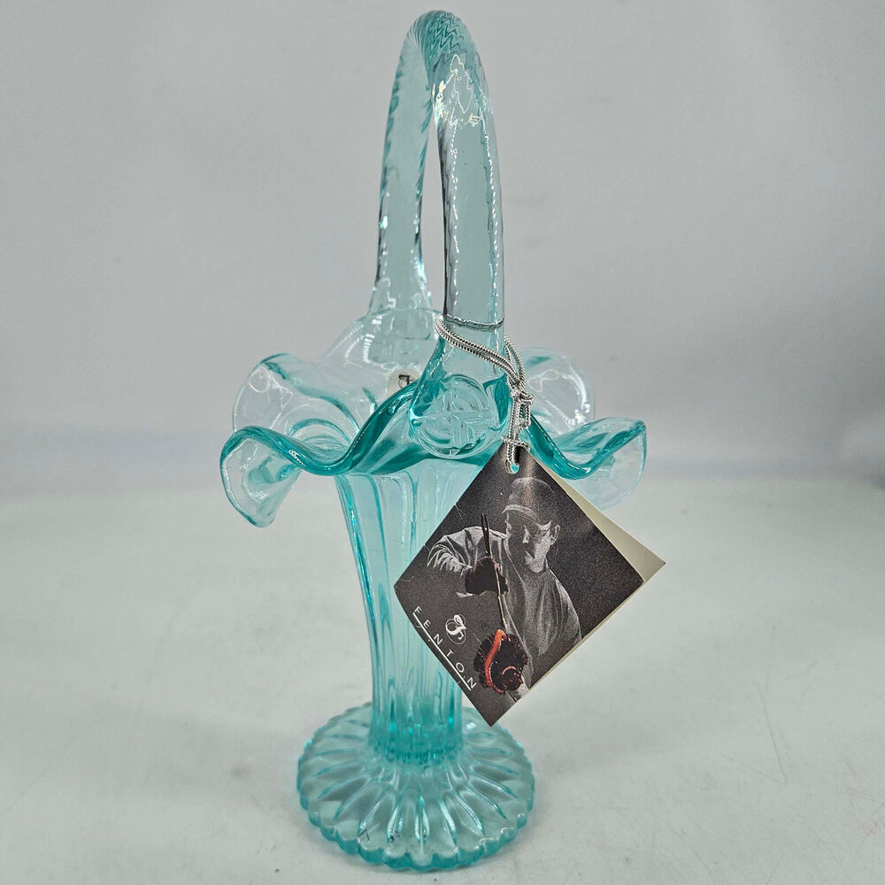Fenton sea mist Glass Ruffled edge Handled Basket w original hang tag n sticker - Picture 2 of 4